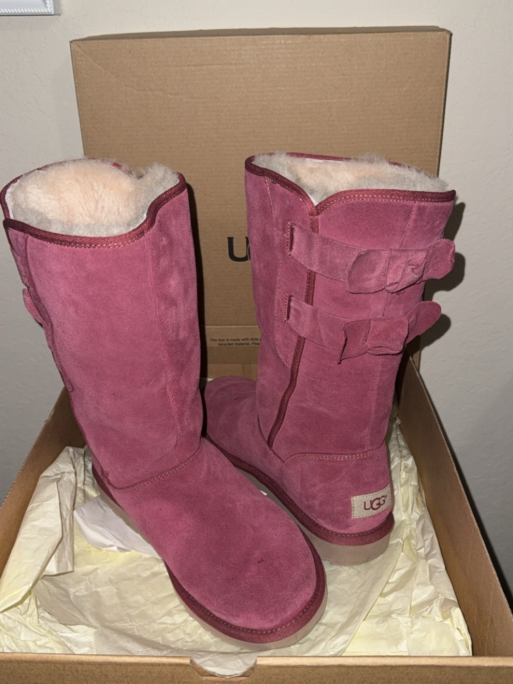 UGG Women's Raspberry Suede Mid-Calf Shearling Boots with Back Bows